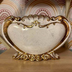Vintage / Antique ALBERTA’S gold & cream heart shaped VASE - 7” tall x 11” wide